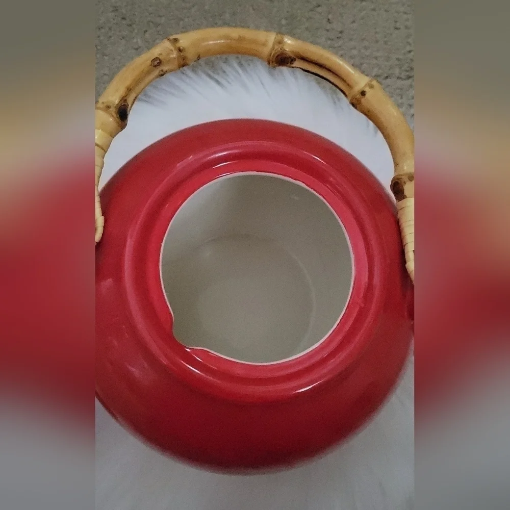 Pottery Barn Rare Vintage Sausalito Red Tea Pot with Bamboo Handle - Picture 11 of 11